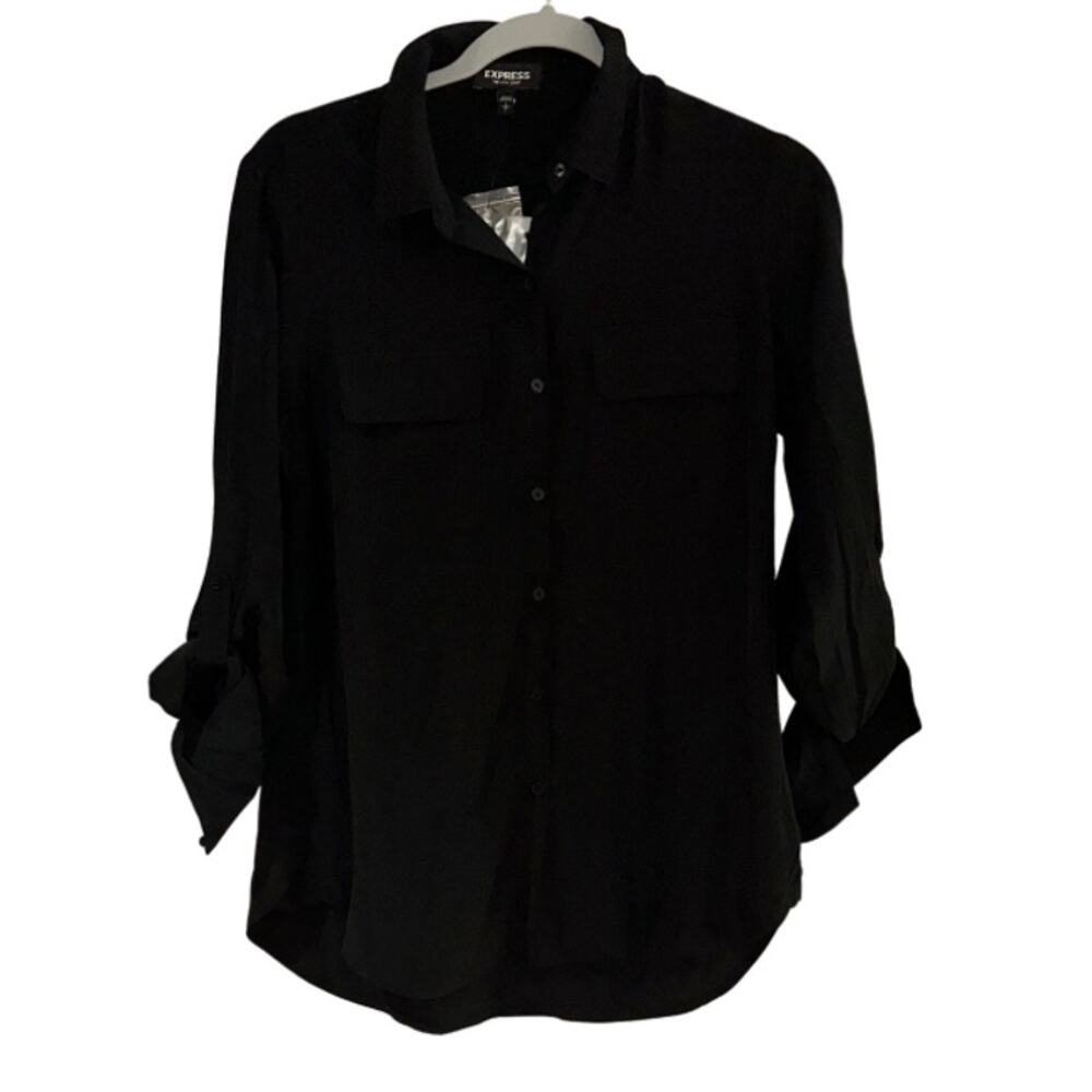 EXPRESS BLACK LIGHTWEIGHT SILKY FEEL BUTTON DOWN TOP SMALL